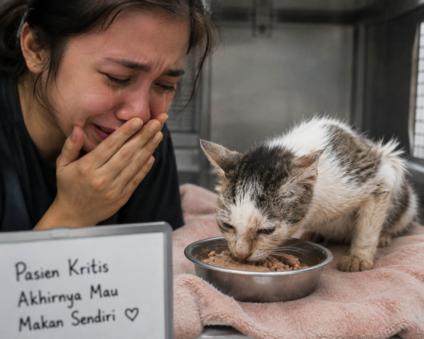 Tangisan Bahagia Penyelamat Saat Kucing Kritis Akhirnya Mau Makan Sendiri
