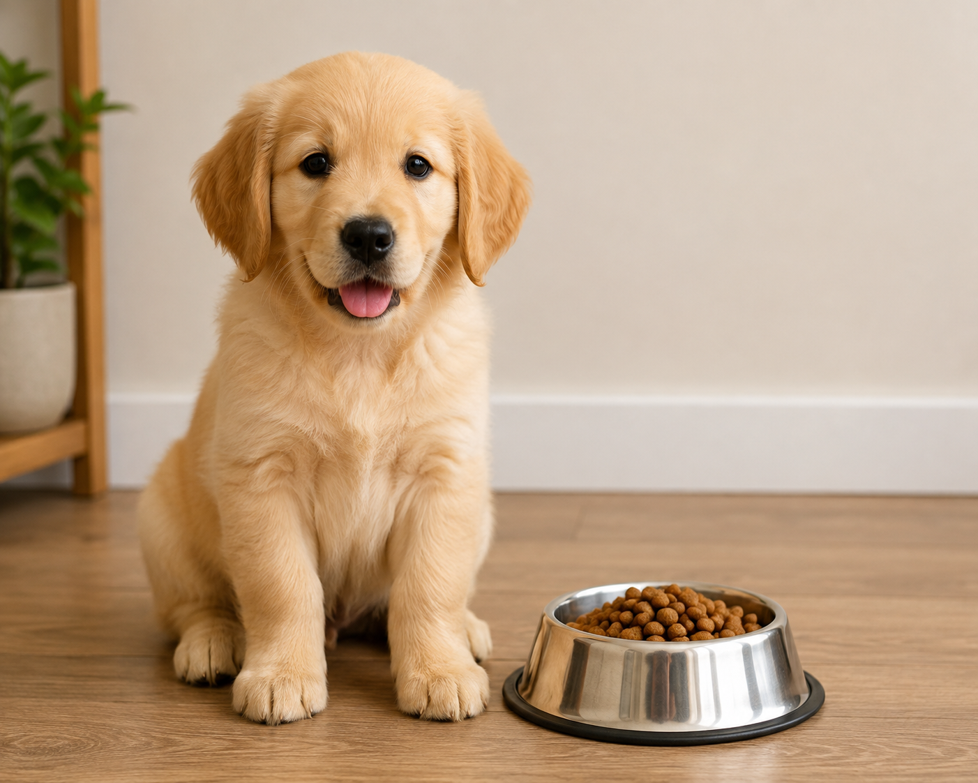 Anak Anjing Duduk Rapi di Samping Mangkuk Makanan