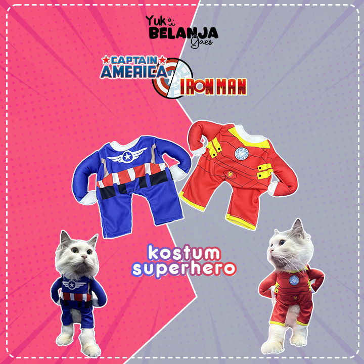Baju Kucing Bahan Polyester Kostum Superhero Ironman Vs Kapten Amerika Series / Baju Kucing Lucu Nyaman Terlaris!